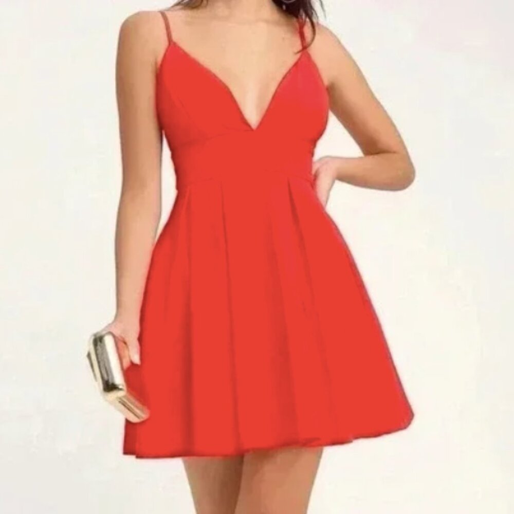 Lulus Red V-Neck Spaghetti Strap Fit & Flare Skater Party Dress
